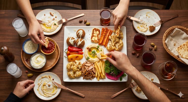 Mezze-Tisch von oben: Falafel, Hummus, Halloumi, gegrilltes Gemüse und Gläser Tee, geteilt von mehreren Gästen.