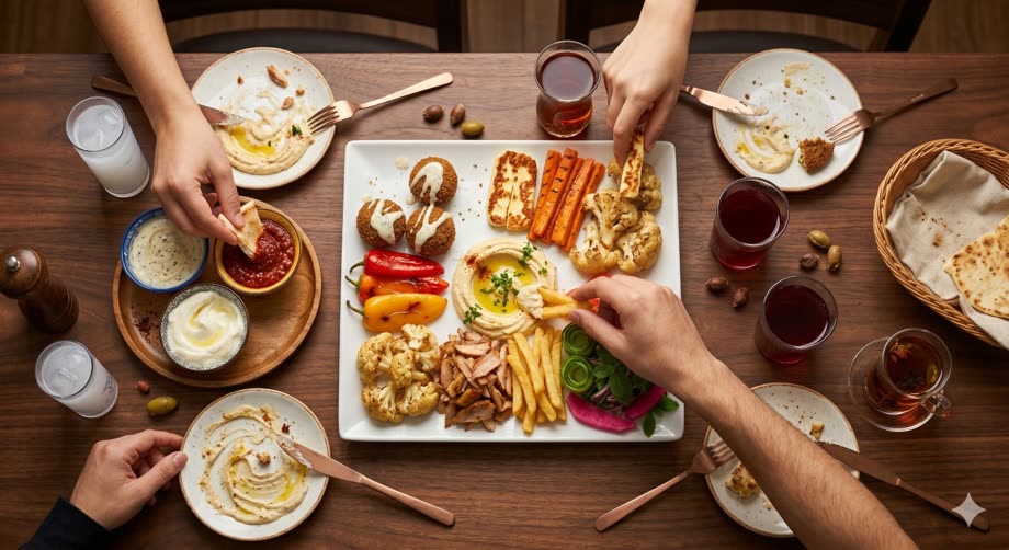 Reich gedeckter Mezze-Tisch mit Falafel, Hummus, Halloumi und Gläsern Tee – Hände greifen zu.