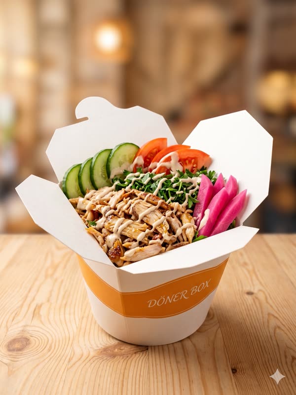 Schawarma-Box zum Mitnehmen mit Hähnchen, Gurke, Tomate, eingelegten Rüben und hausgemachter Soße.