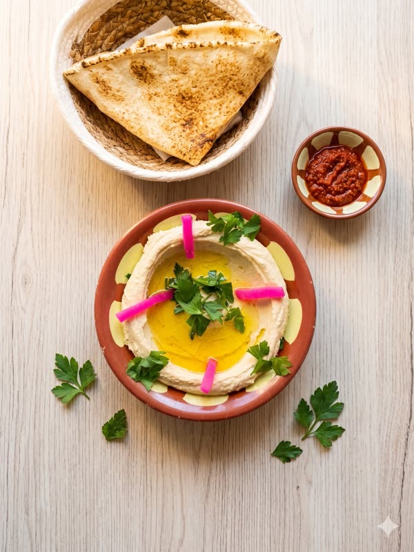 Schale hausgemachter Hummus mit Olivenöl und Petersilie, dazu frisches Fladenbrot im Korb.